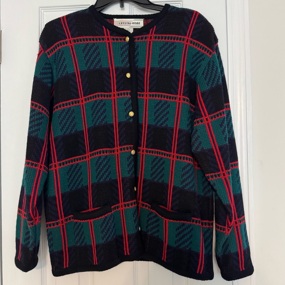 Vintage Crystal Kobe Plaid Holiday Cardigan Sweater - Picture 1 of 4